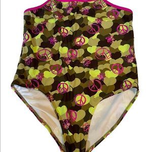 OP Camo Hearts Peace signs girls plus size suit 18 1/2 purple straps and edging